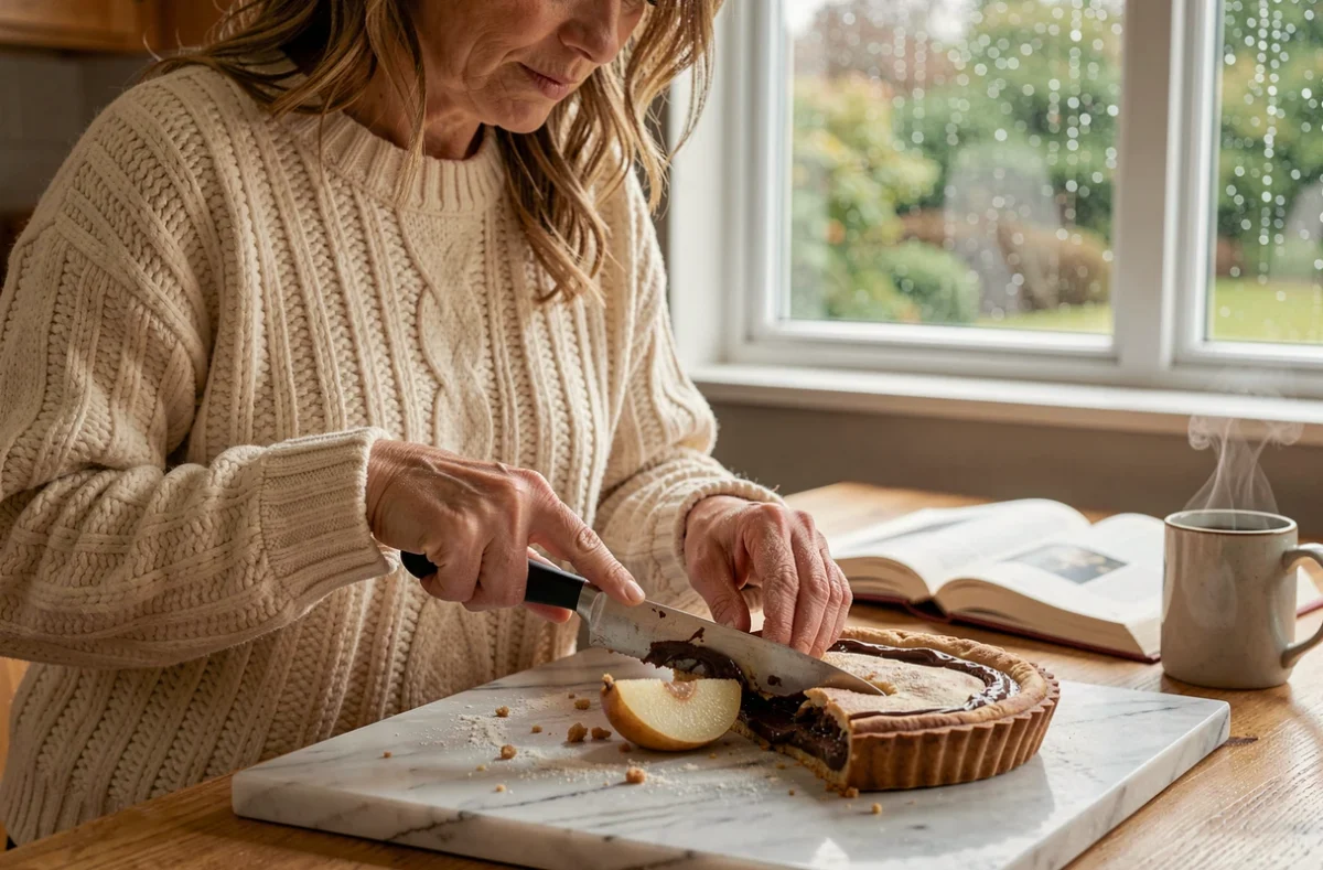 Femme en pull en laine découpe une tarte poire et chocolat sur un plan de marbre dans une cuisine chaleureuse un dimanche pluvieux