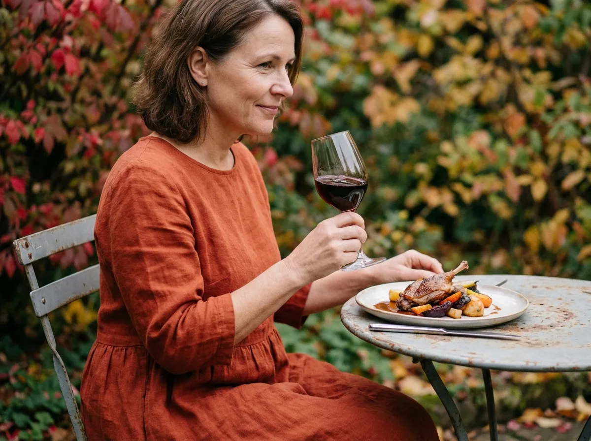 Femme dégustant un plat de canard en extérieur automnal