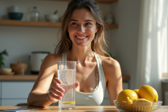Femme souriante tenant une eau gazeuse dans une cuisine chaleureuse