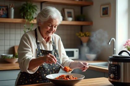 Femme âgée préparant un boeuf carotte dans une cuisine chaleureuse