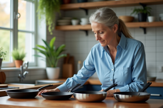 Femme moyenne âge examine cocottes saines sur plan de travail