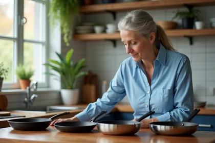 Femme moyenne âge examine cocottes saines sur plan de travail