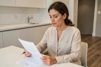 Femme examinant un devis de cuisine Tyko sur une table dans un showroom de cuisines modernes