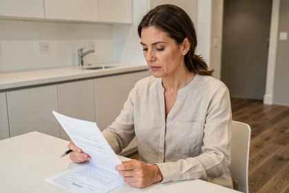 Femme examinant un devis de cuisine Tyko sur une table dans un showroom de cuisines modernes