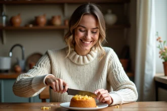 Femme souriante dégustant un gâteau à la compote de pommes dans une cuisine chaleureuse