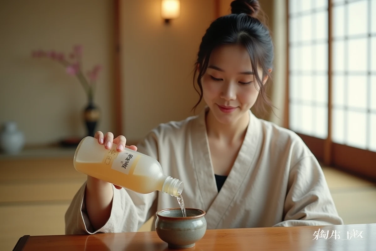 Jeune femme japonaise versant du Soju Tsubaki dans une tasse en céramique artisanale dans un salon de style traditionnel japonais