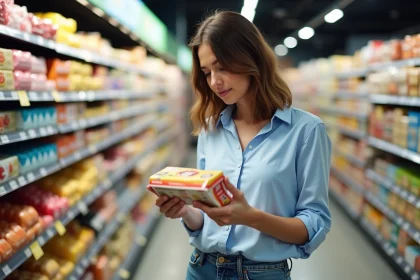 Femme examine une étiquette de gâteau faible calorie en supermarché
