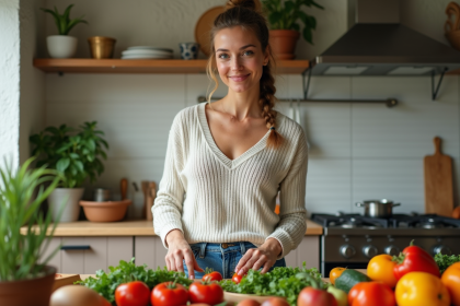 Femme arrangeant des légumes et fruits dans la cuisine