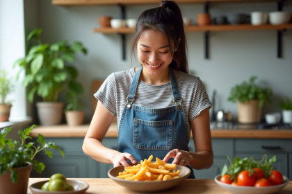 Jeune femme souriante avec frites vegan dans une cuisine lumineuse