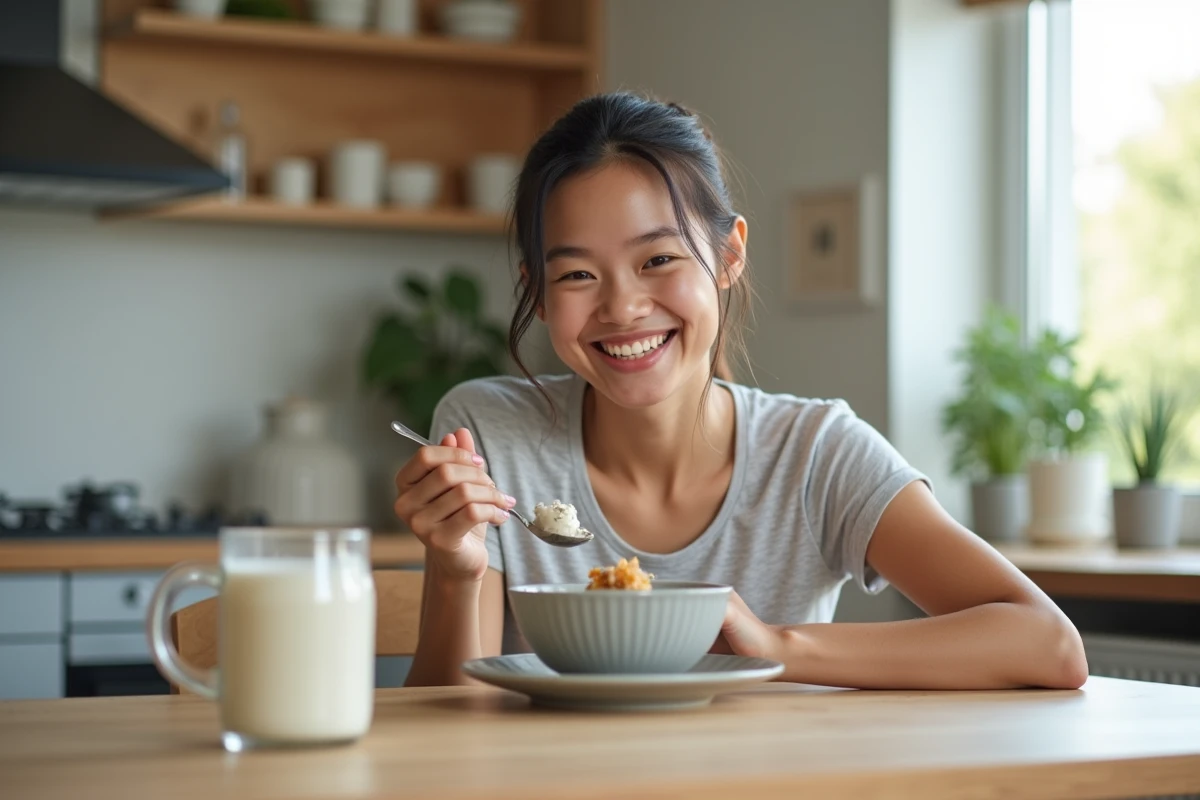 Jeune femme sportive mangeant du chia pudding à la maison