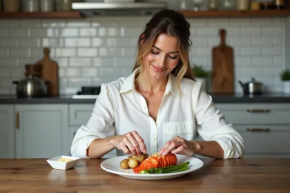 Femme élégante préparant un plat de lobster à la maison