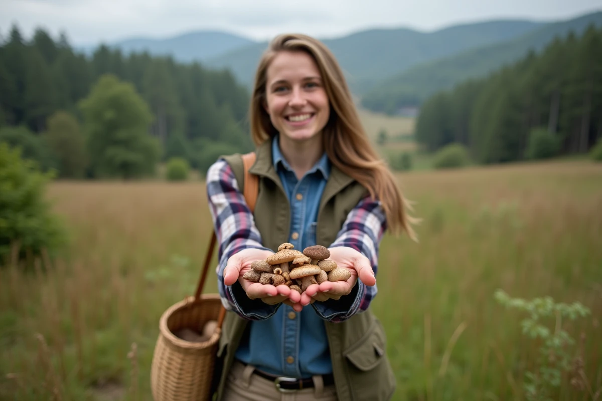 Jeune femme montrant ses champignons dans la nature