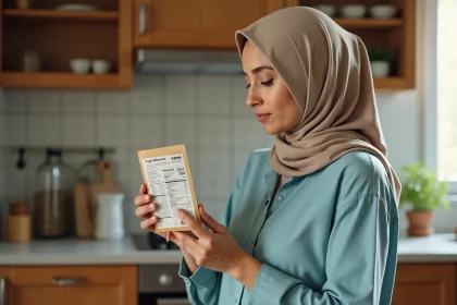 Femme musulmane en hijab beige dans la cuisine examine une étiquette