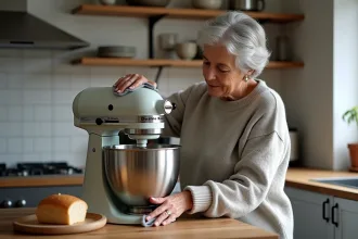 Femme nettoie un mixeur robuste dans sa cuisine chaleureuse