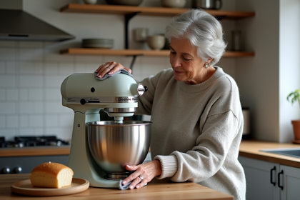 Femme nettoie un mixeur robuste dans sa cuisine chaleureuse