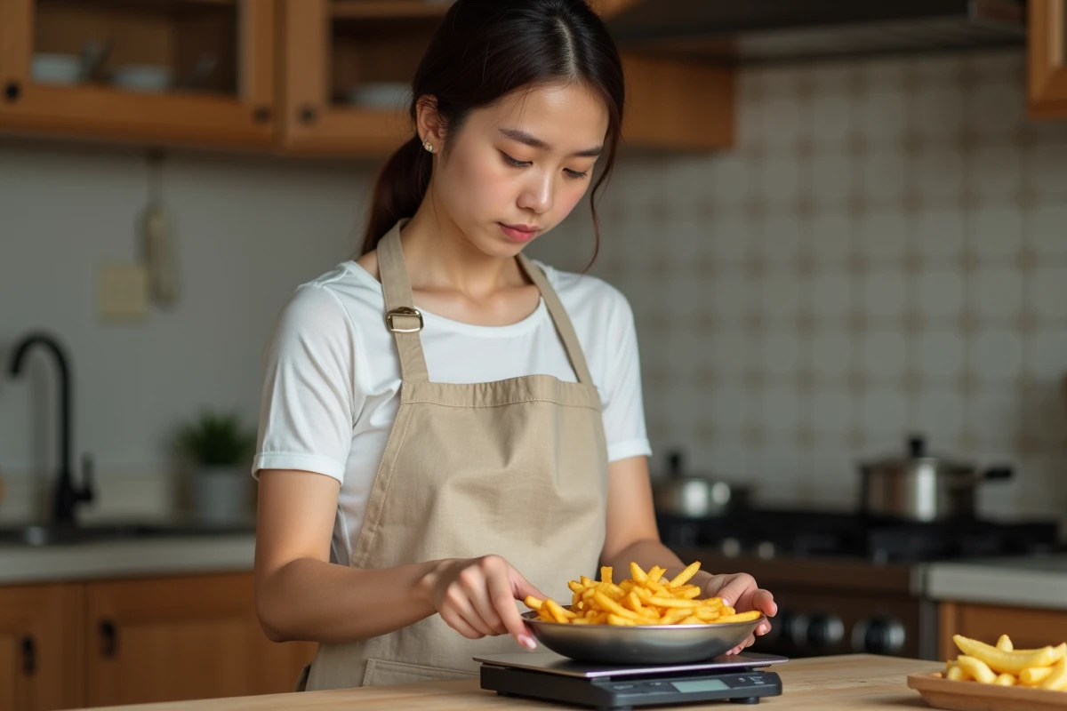 Femme pesant une portion de frites sur une balance de cuisine pour contrôler son alimentation équilibrée