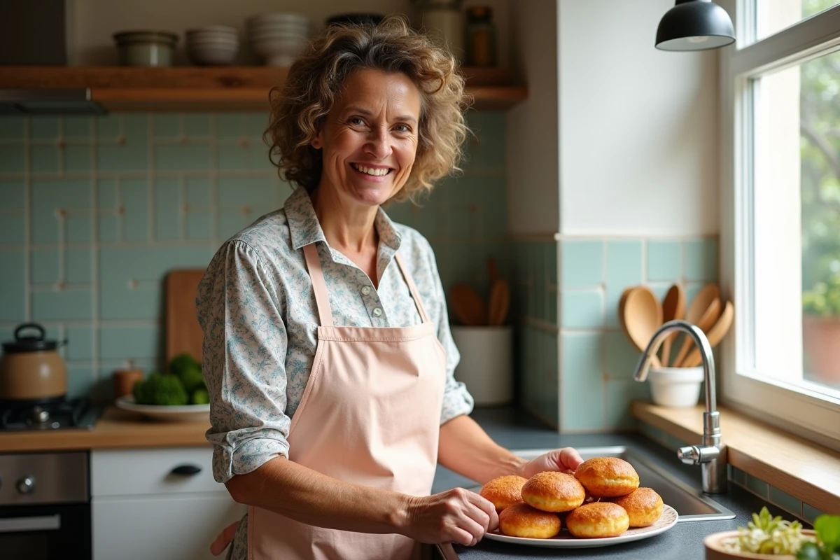 Femme souriante disposant des beignets d