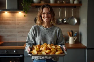 Femme souriante sortant des pommes de terre dorées du four