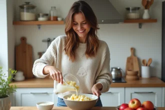 Jeune femme versant du yogourt et des pommes dans un bol