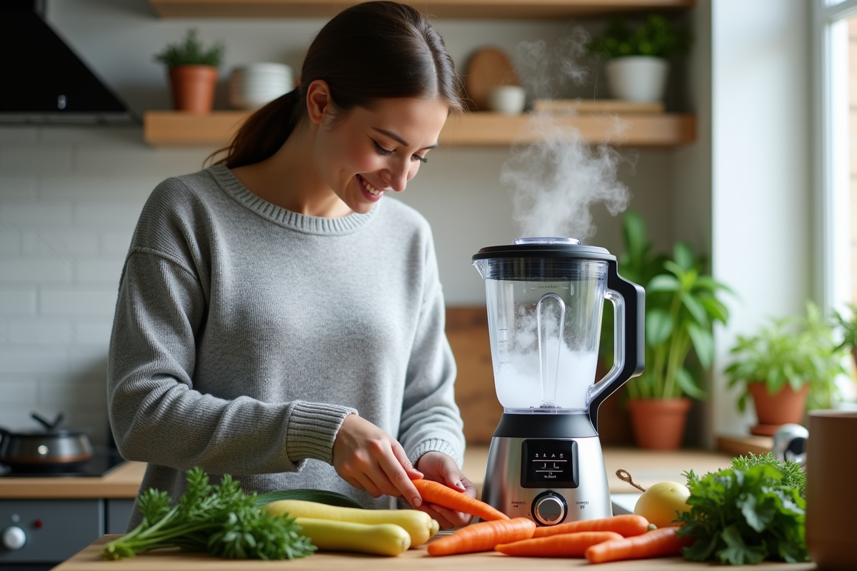 Femme en cuisine préparant des légumes frais près du blender