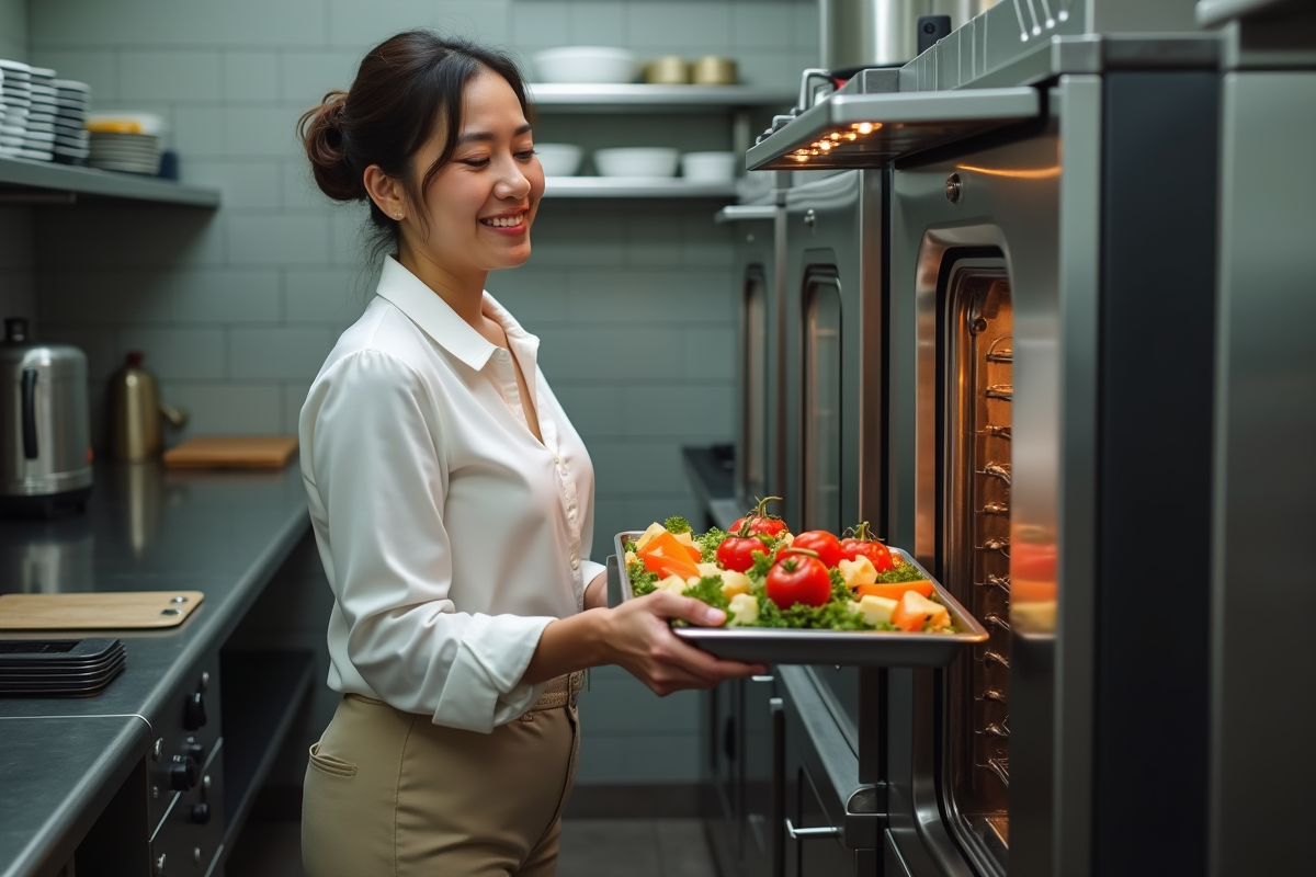 Femme plaçant des légumes dans un four vapeur professionnel