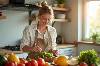 Femme souriante préparant une salade bio dans une cuisine lumineuse