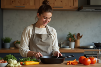 Femme en cuisine préparant des légumes frais