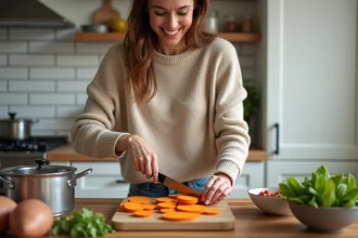 Femme coupant des patates douces pour une salade