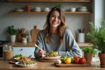 Femme souriante servant une salade de lentilles et pois chiches