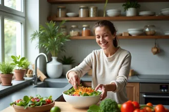 Femme préparant une salade colorée dans une cuisine moderne
