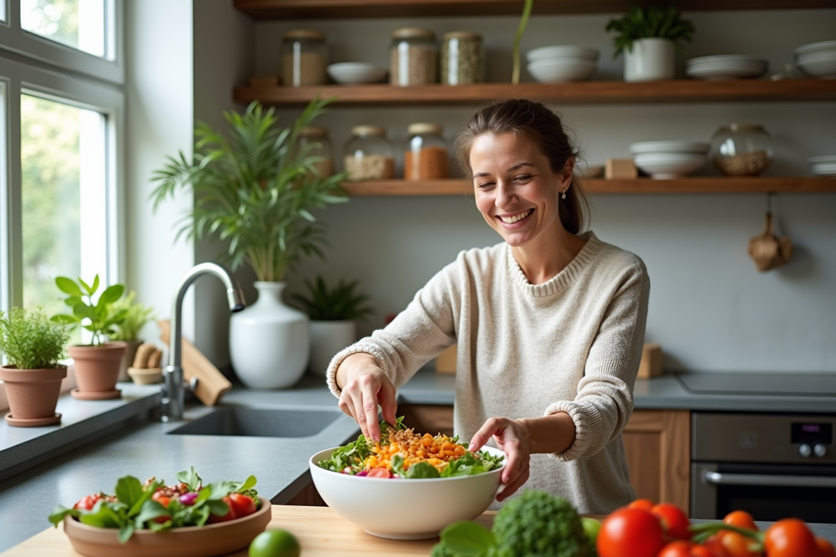 Femme préparant une salade colorée dans une cuisine moderne
