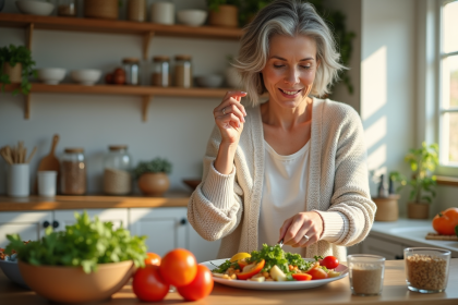 Femme préparant une salade colorée dans une cuisine lumineuse