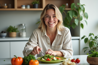 Jeune femme souriante préparant une salade fraîche à la maison