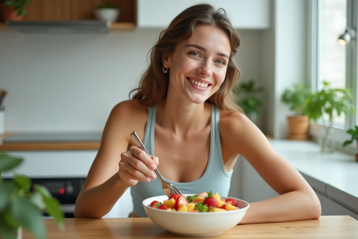 Jeune femme mangeant une salade de fruits dans la cuisine