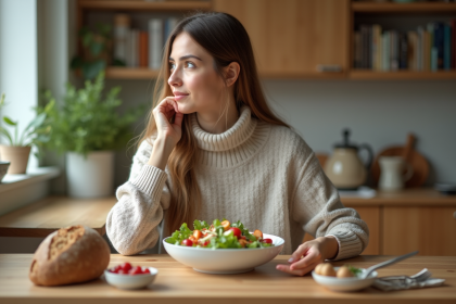 Femme en cuisine contemplant une salade colorée et pain complet