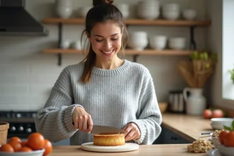 Femme souriante coupant un gâteau au yogourt et flocons d'avoine