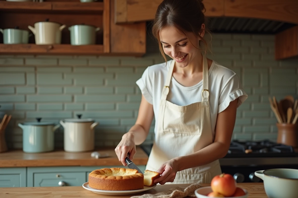 Femme en tablier coupant une tranche de gâteau au yaourt maison dans une cuisine chaleureuse façon goûter d'école