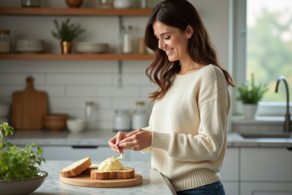 Jeune femme tartinant du beurre sur du pain dans une cuisine lumineuse