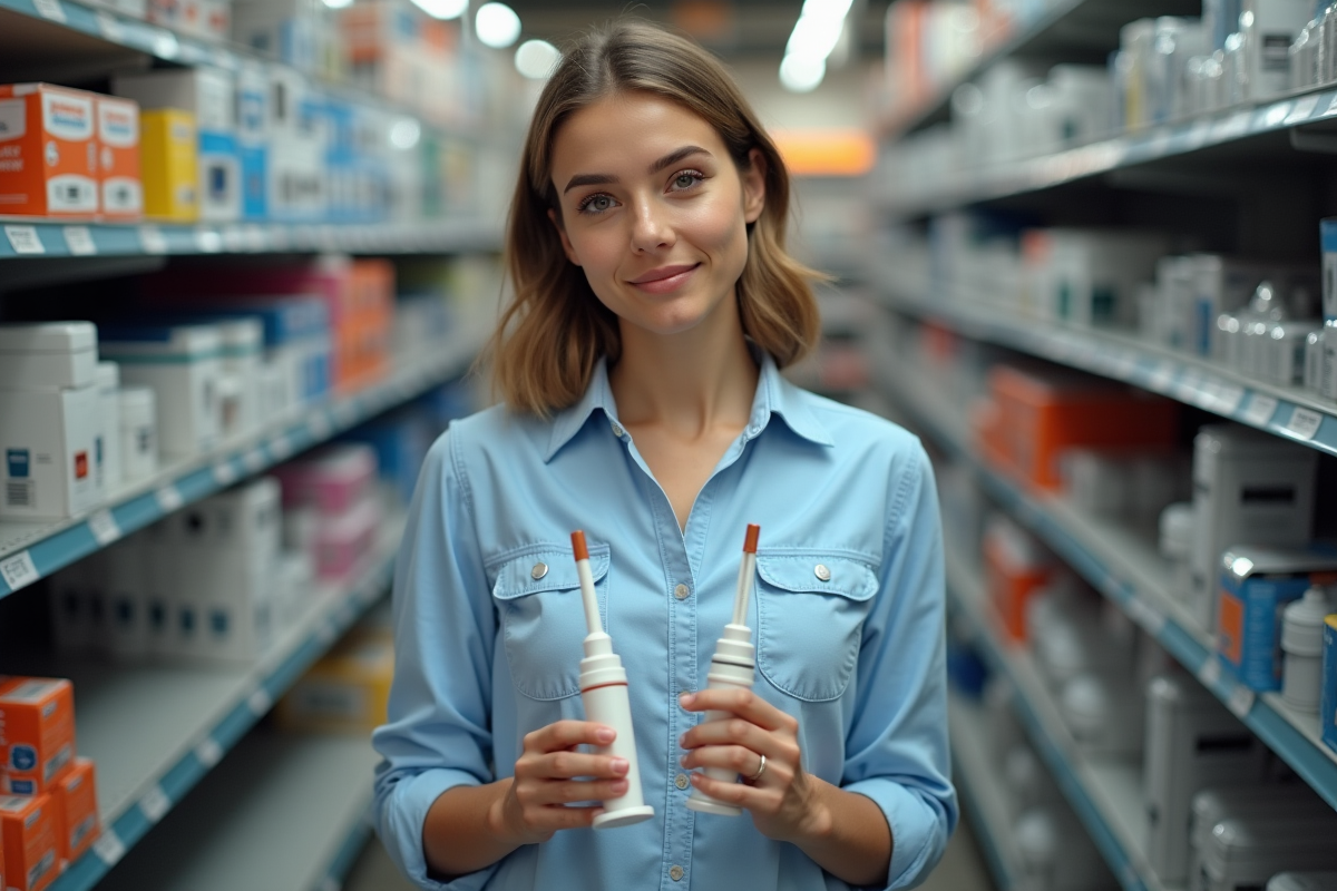 Femme comparant deux siphons dans un magasin de plomberie