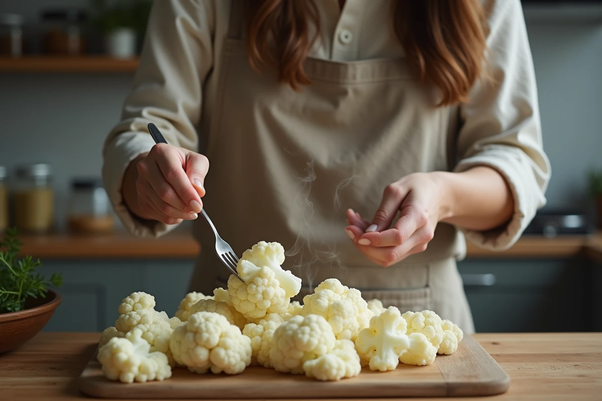 Femme vérifiant la cuisson d'un chou-fleur vapeur avec une fourchette dans une cuisine chaleureuse