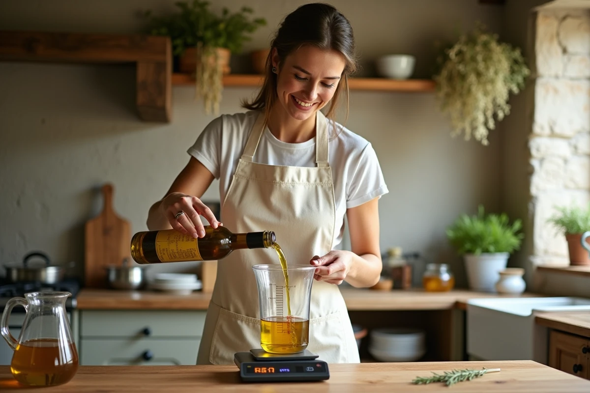 Femme versant de l'huile d'olive dans un verre doseur sur une balance dans une cuisine rustique illustrant la conversion de litres en kilogrammes