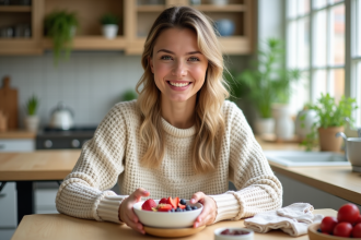 Femme souriante préparant un bol de yaourt aux fruits dans une cuisine lumineuse