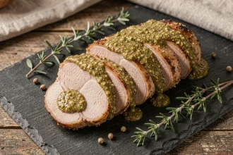 Filet mignon de porc tranché en médaillons nappé de sauce moutarde à l'ancienne sur une ardoise rustique