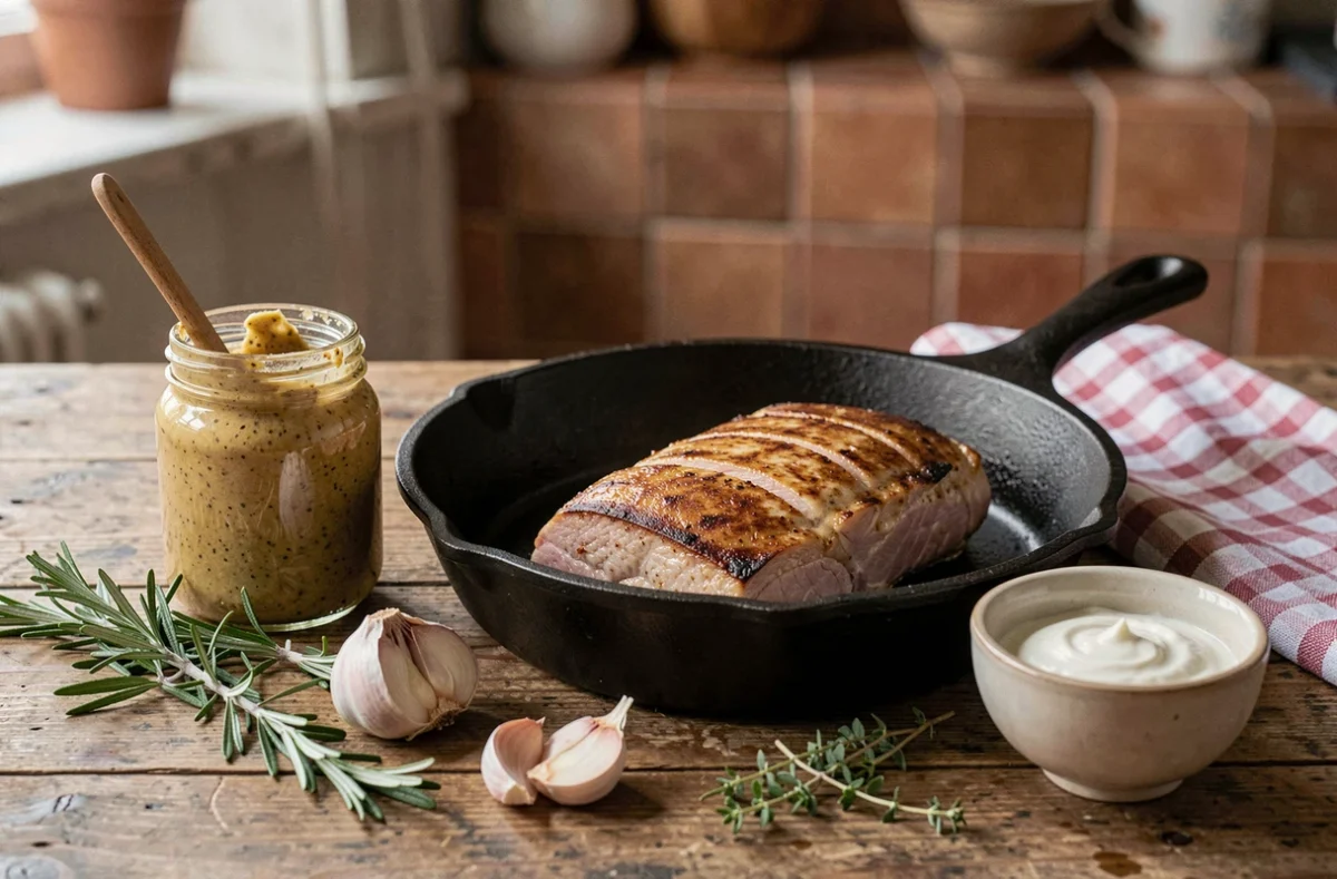 Filet mignon de porc entier dans une poêle en fonte entouré d'ingrédients pour la recette à la moutarde ancienne