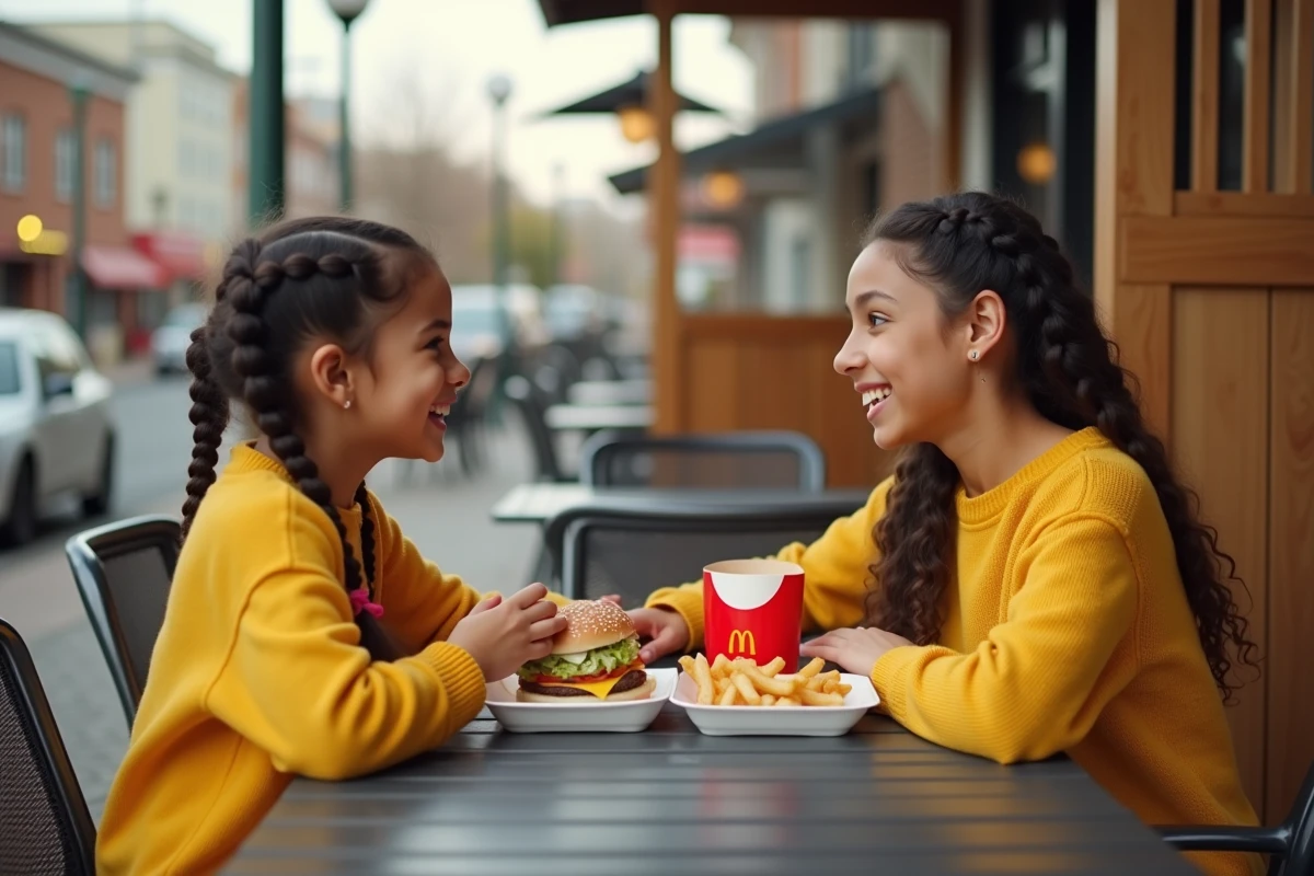 Fille avec sa mère partageant un repas en terrasse de fast food