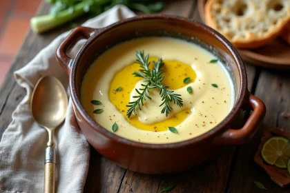 Bol en céramique rustique contenant une fondue de poireaux crémeuse garnie de thym frais et d'un filet d'huile d'olive sur une table en chêne