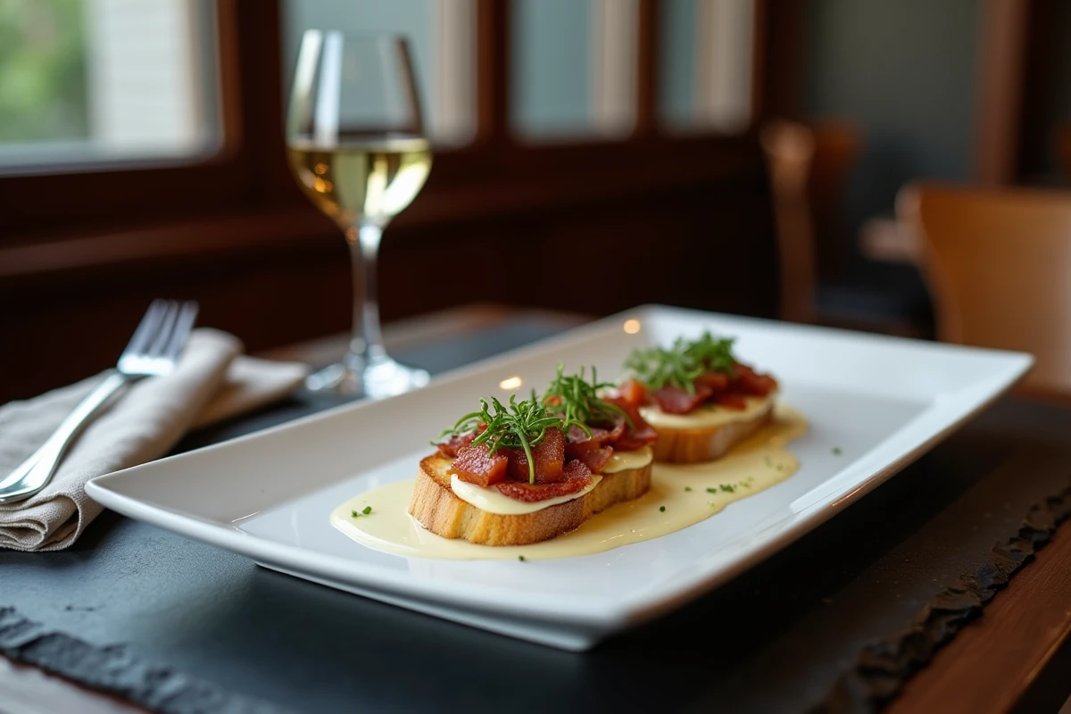 Assiette élégante de fondue de poireaux sur toast de pain au levain avec pancetta croustillante et micropousses servie dans un bistro français