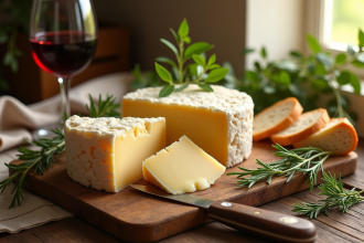 Fromage casgiu merzu corse sur une planche en bois avec vin et herbes