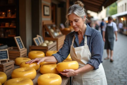 Fromagère plaçant une meule de Beaufort sur un étal de marché alpin avec des étiquettes de prix en craie