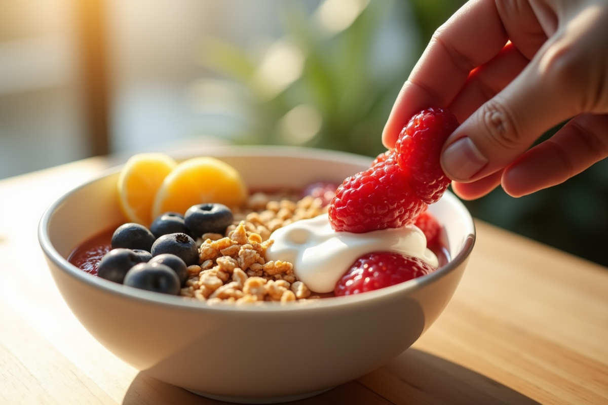 Gros plan sur un fruit en K dans un bol de petit déjeuner sain